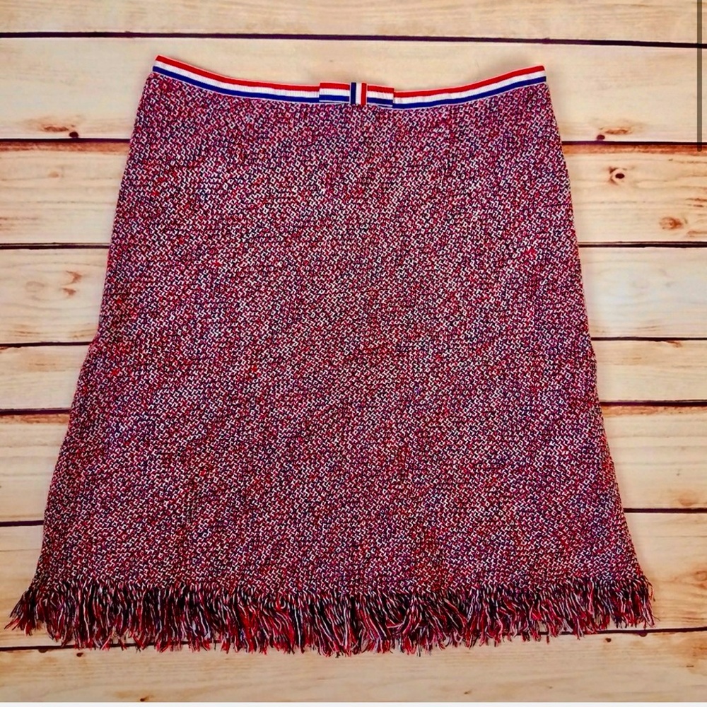 Trina Turk Skirt Knit Tweed Red White Blue Ribbon detail waistband fringe hem 6